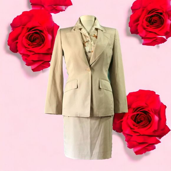 AK Anne Klein Long Single Breasted Jacket and Skirt Suit Beige Sz 6 - Picture 2 of 8